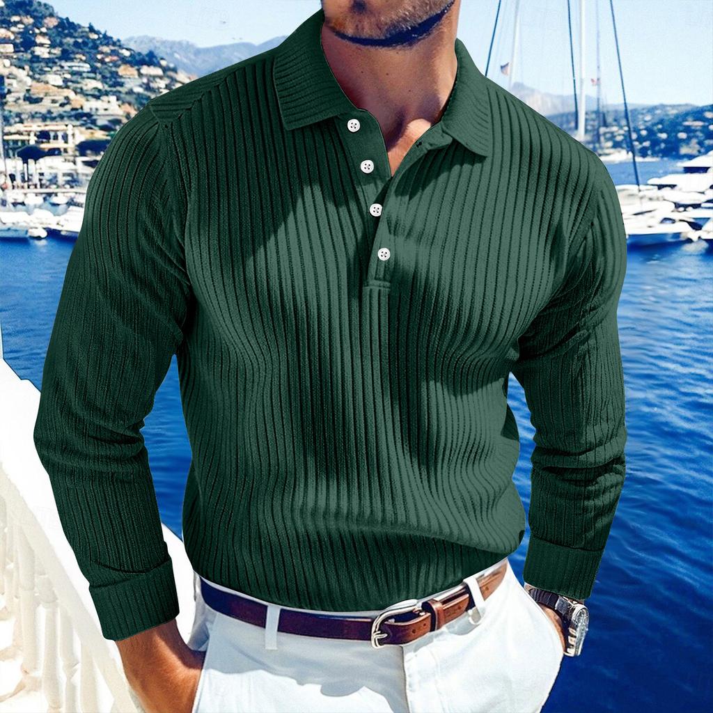 Men's Solid Color Vertical Stripes Sports Button Lapel Long Sleeve Tops Men's Casual Fashion Long Sleeve Tops