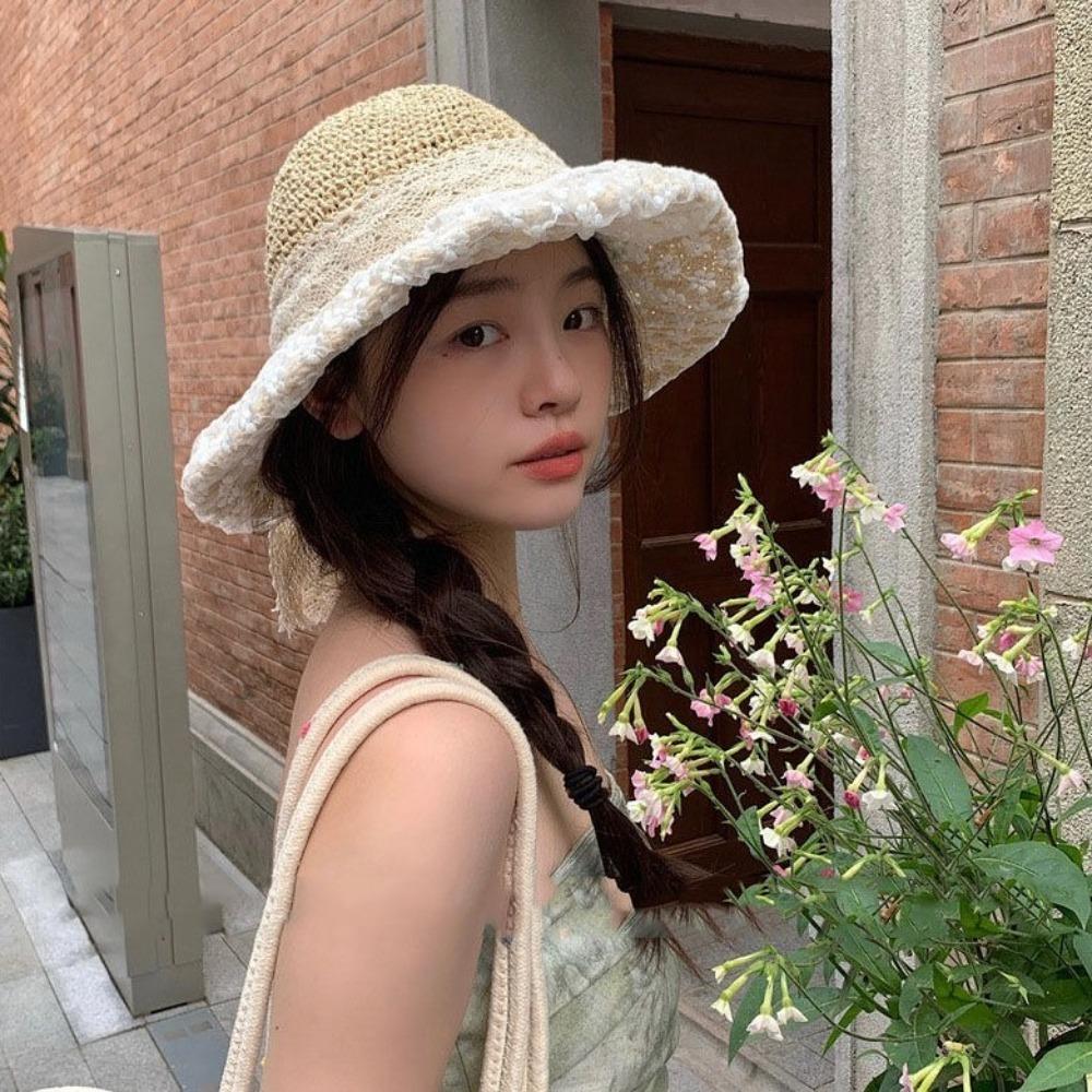 Lace Bow Straw Hat Crochet Beach Fisherman Hat Elegant Sunscreen Bucket Hat  Summer