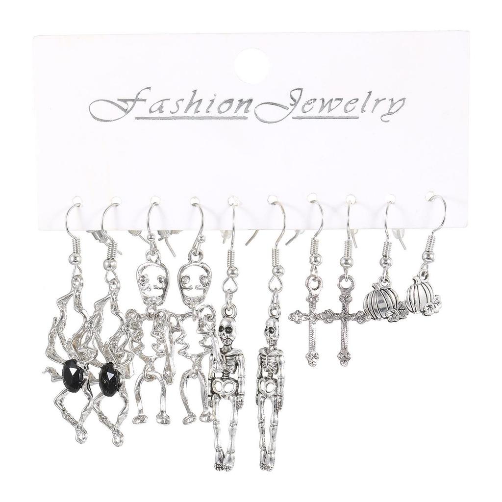 5-Piece Halloween Silver Spider, Skull, Pumpkin Earrings