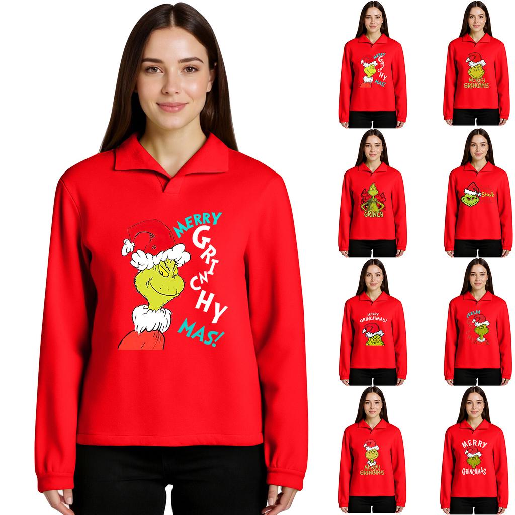 Women's Stand-up Collar Long-sleeved Pullover Top, Christmas Print Sports Top
