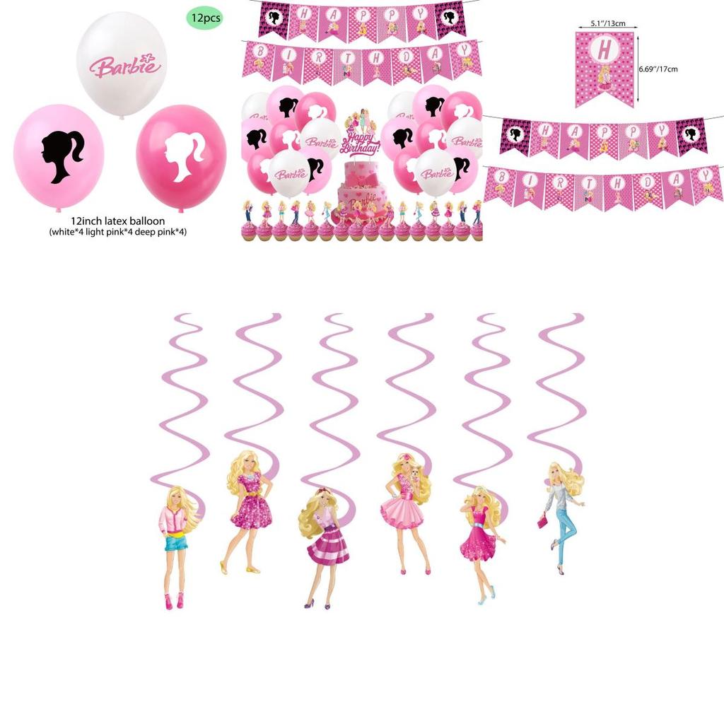 Barbie Doll Themed Purple Birthday Party Decoration Set With Cartoon Flags, Latex Balloons, And Cake Toppers