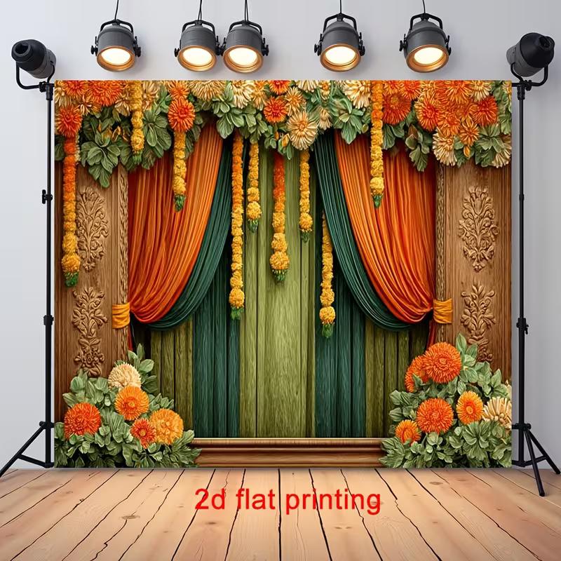 2D Orange Marigold Floral Curtain Wood Backdrop Wedding Photo Banner