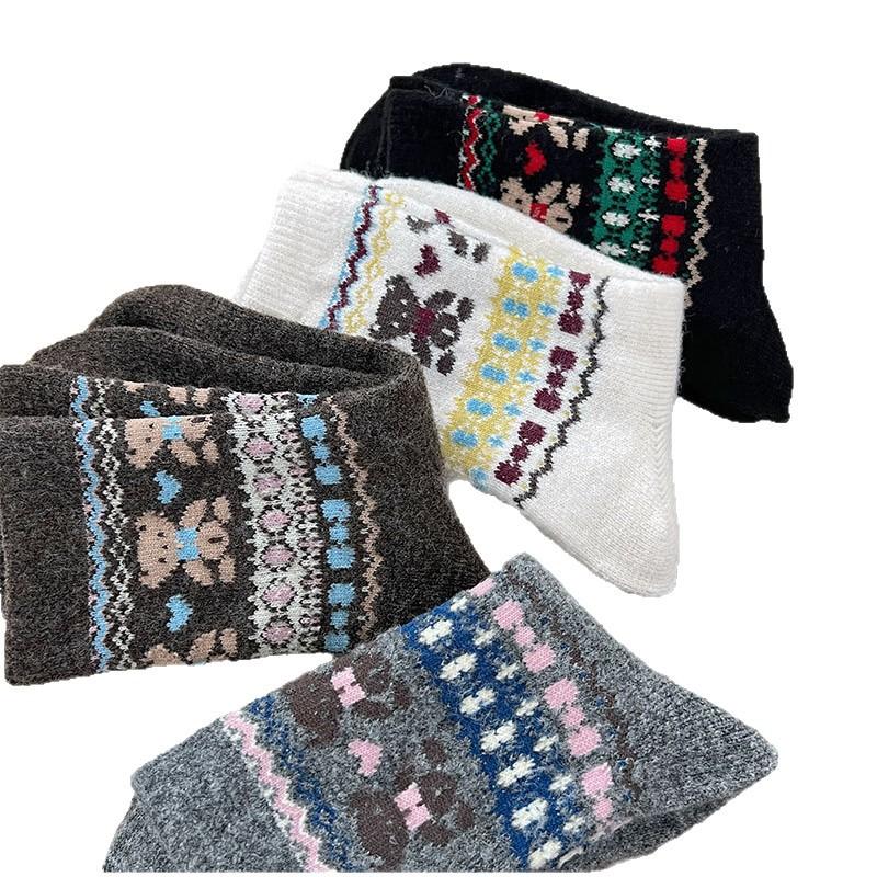 Retro Ethnic Style Wool Socks Children Thickened Warm Coffee Plush Bear Medium Tube Stacking Socks
