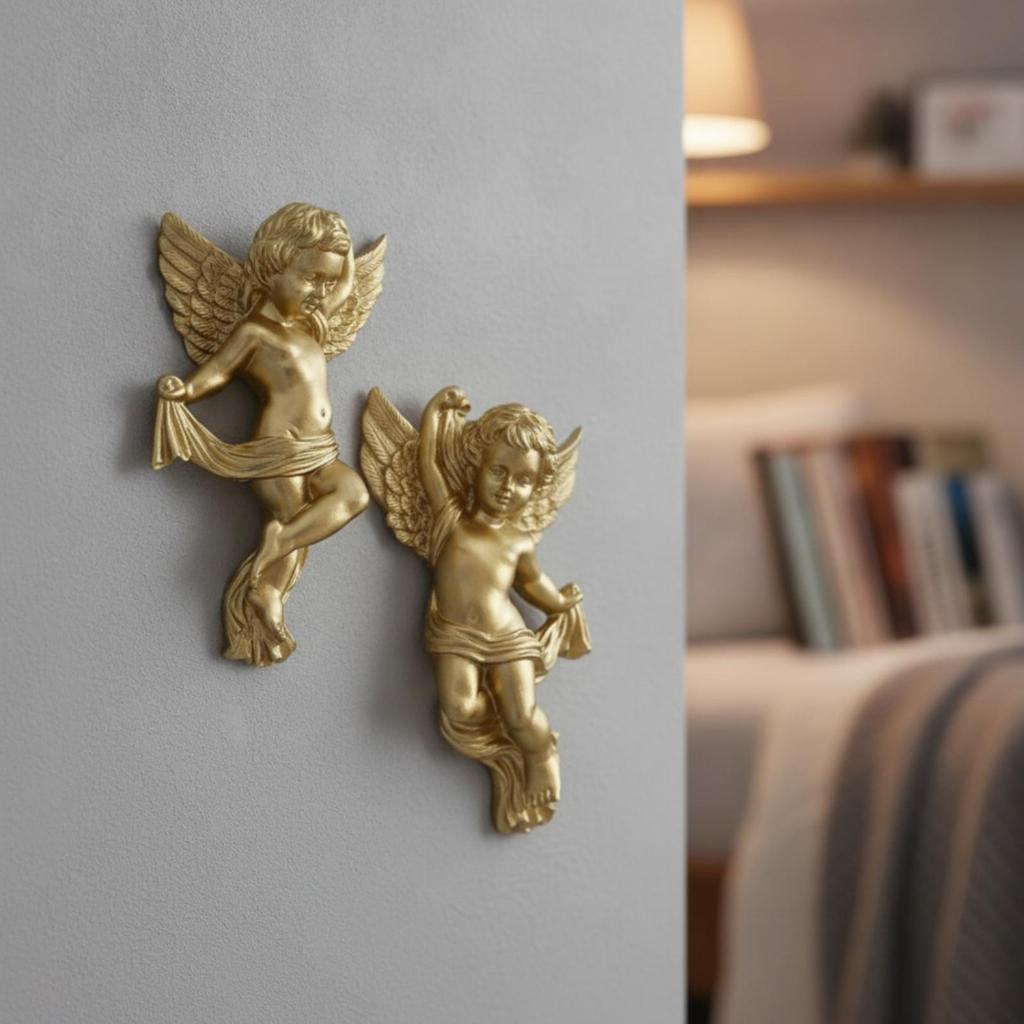Gold Angel Wall Ornament Golden Decor Sculpted Cherub Relief Ornate