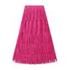 Qooth Women Tassel Splicing Pleated Skirt Elegant Elastic Waist All Match A-line Long Skirt For Spring Summer QT2140