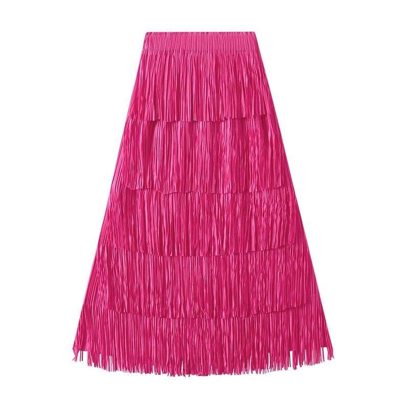 Qooth Women Tassel Splicing Pleated Skirt Elegant Elastic Waist All Match A-line Long Skirt For Spring Summer QT2140