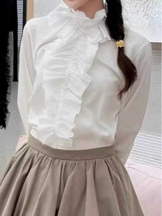 Elegant French-inspired Ruffled Stand-Collar Shirt: Detachable, Loose-Fit, Slimming, Mid-Length, Perfect for Commuting