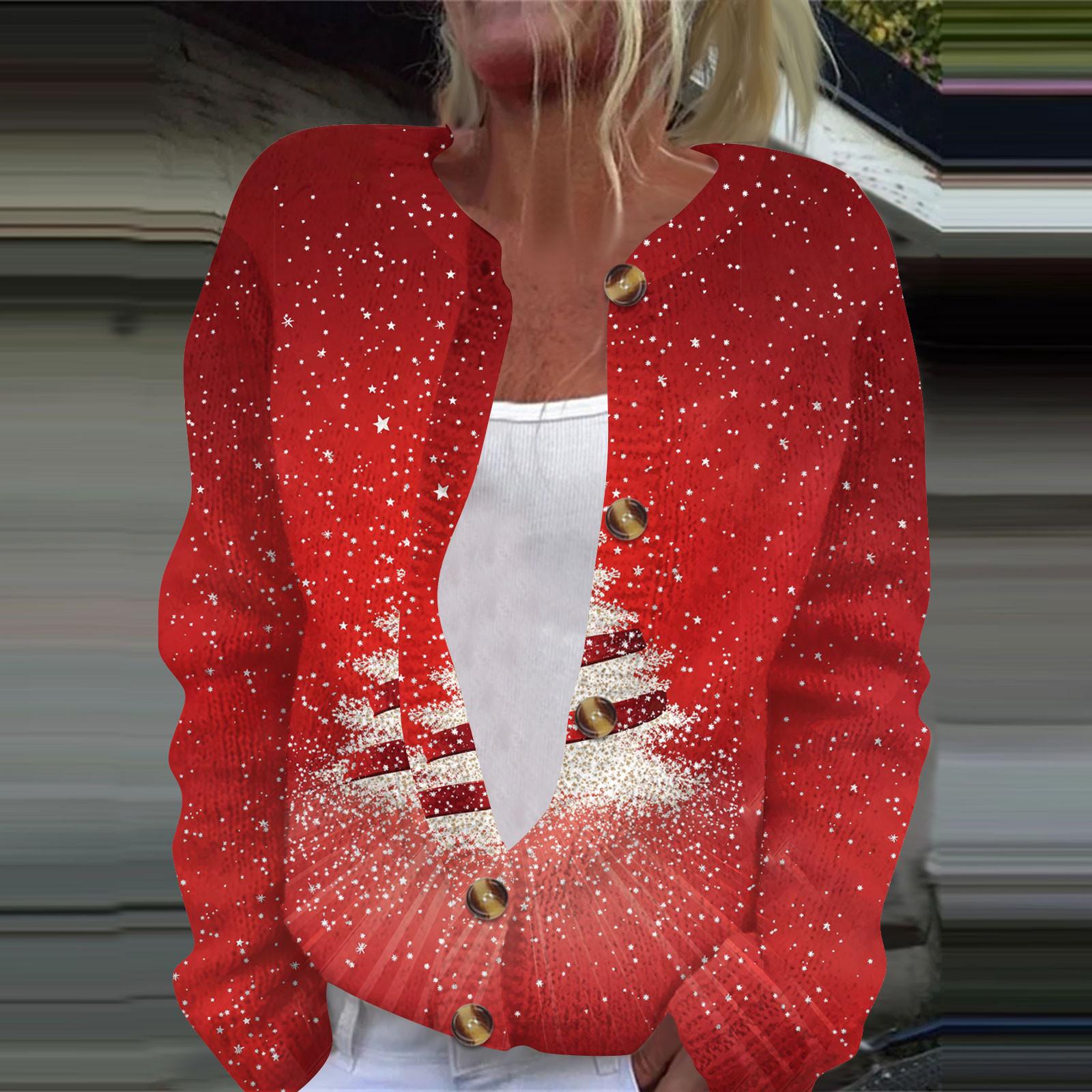 

Жіноча модна різдвяна куртка з довгим рукавом і в язаним ґудзиком M винний