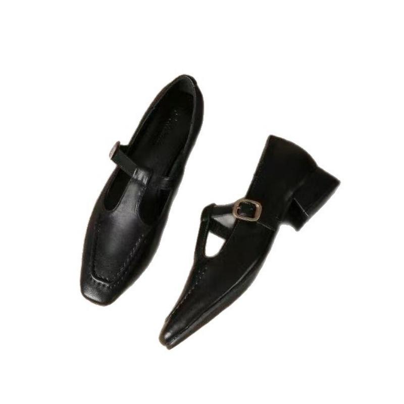 Autumn Soft-faced Retro-style T-shoes Medium Heel Temperament Buckle Comfortable Thick Heel Single Shoes Women