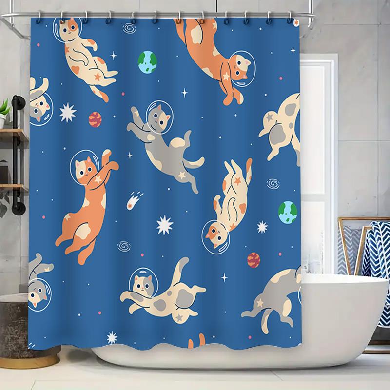 

Blue Galaxy Cat Space Shower Curtain Astronaut Bathroom Decor For Kids Gift W60H190(CM)-1 Pcs
