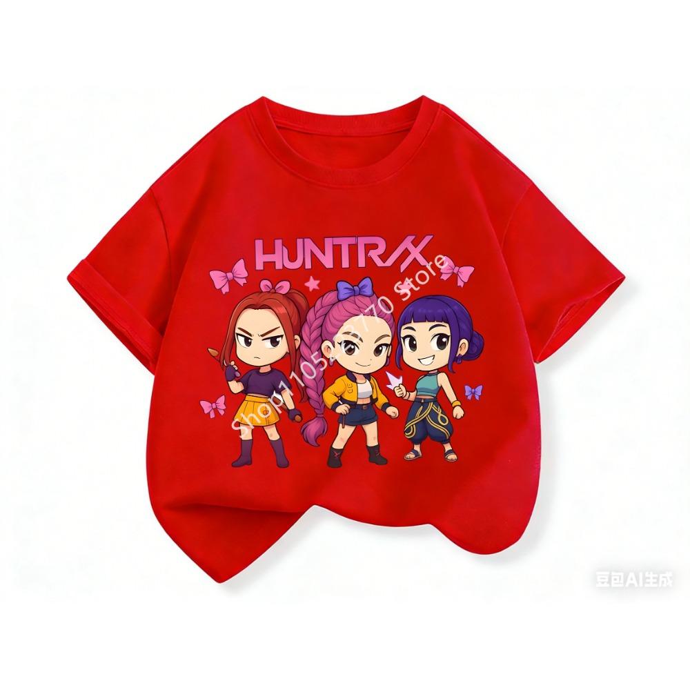 2026 Fun Huntrix Kpop Dämonenjäger T-Shirt für Jungen Mädchen Fans Geschenk Sommer Rundhals Kurzarm T-Shirts Mode Kinder T-Shirt