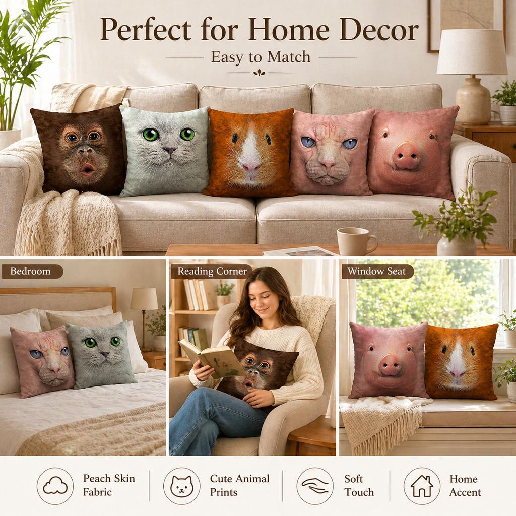 Realistic Animal Face Cushion Cover 2D Flat Print Cat Pig Orangutan Peach Skin Pillowcase For Sofa Living Room Home Decor 45X45