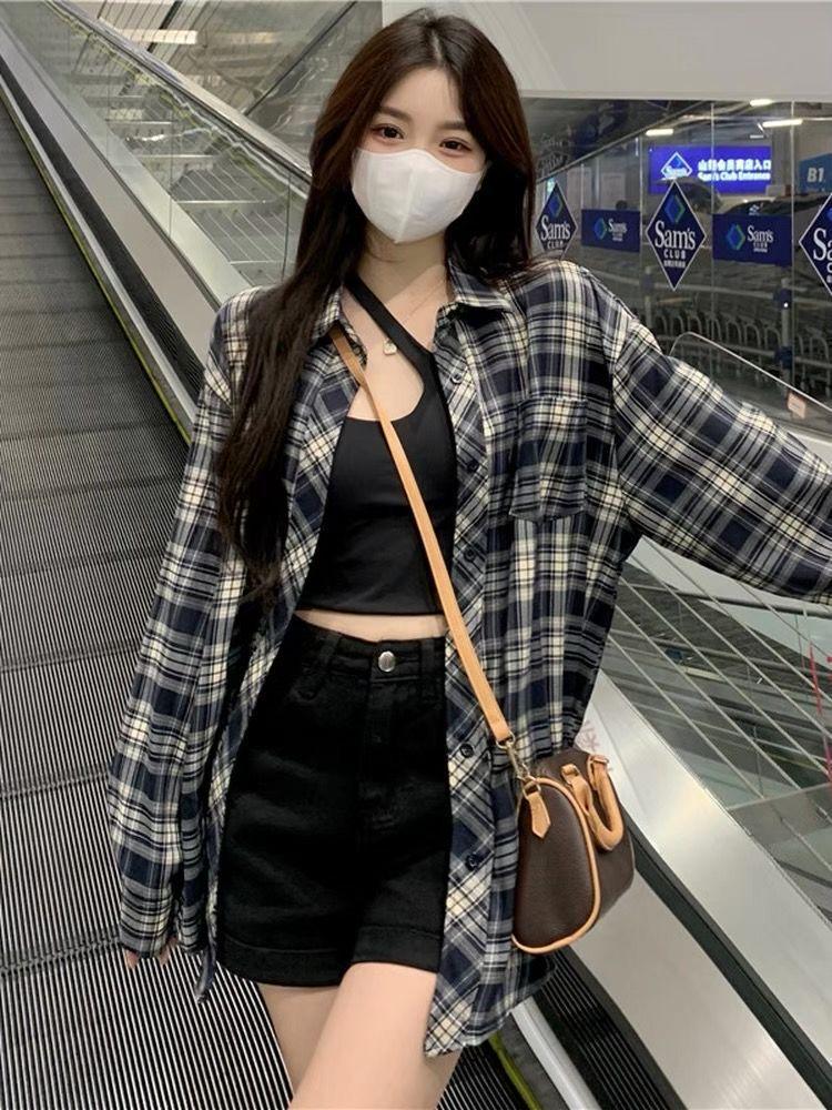 Women's Retro Plaid Shirt Cardigan – Loose Fit, Long Sleeve, All-Season Wear