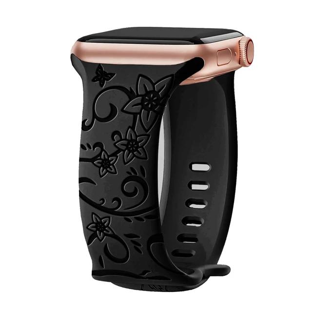 Floral Engraved Strap For Apple Watch Band 40mm 44mm 41mm 49mm 45mm 38mm 42mm Silicone Bracelet Iwatch Series 9 7 Se 6 8 Ultra 2