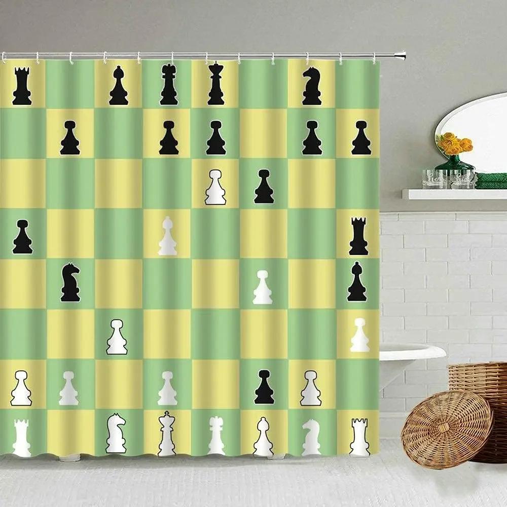 Chess Shower Curtain Horse Head International Chess Stripes Bathroom Curtains Chessboard Waterproof Board Game Bath Curtains Set