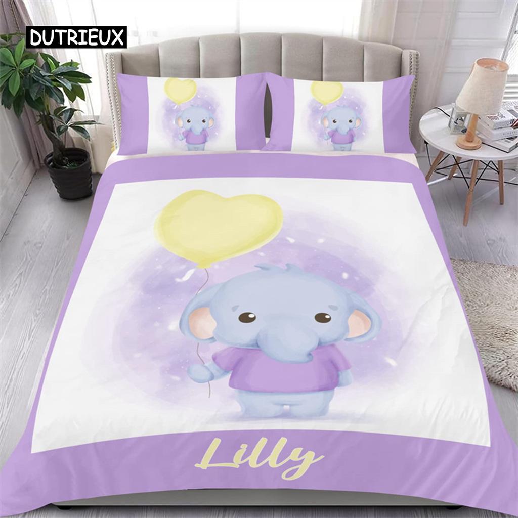 Cute Elephant Duvet Cover Set 2/3 Piece Cartoon Animal Bedding Set 3D Floral Comforter Cover Twin Full King For Boys Girls Gift