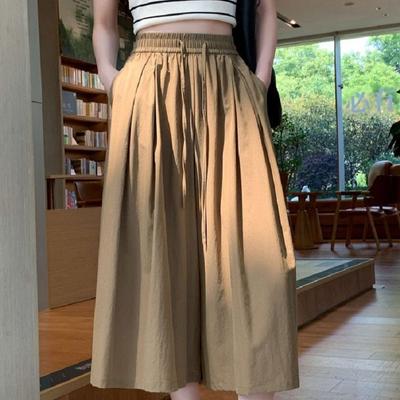 Summer Elegant Office Lady's High Elastic Waisted Drawstring Loose Wide Leg Pants Women Solid Casual Oversize Skirt Pants Pocket