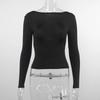 Rückenfreies, sexy schwarzes High-Street-T-Shirt für Damen, aushöhlen, lange Ärmel, Crop-Tops, weiblich, lässig, Streetwear, figurbetont, modisch, solide Grundkleidung 2024