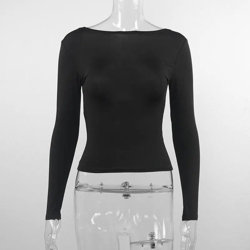 Rückenfreies, sexy schwarzes High-Street-T-Shirt für Damen, aushöhlen, lange Ärmel, Crop-Tops, weiblich, lässig, Streetwear, figurbetont, modisch, solide Grundkleidung 2024