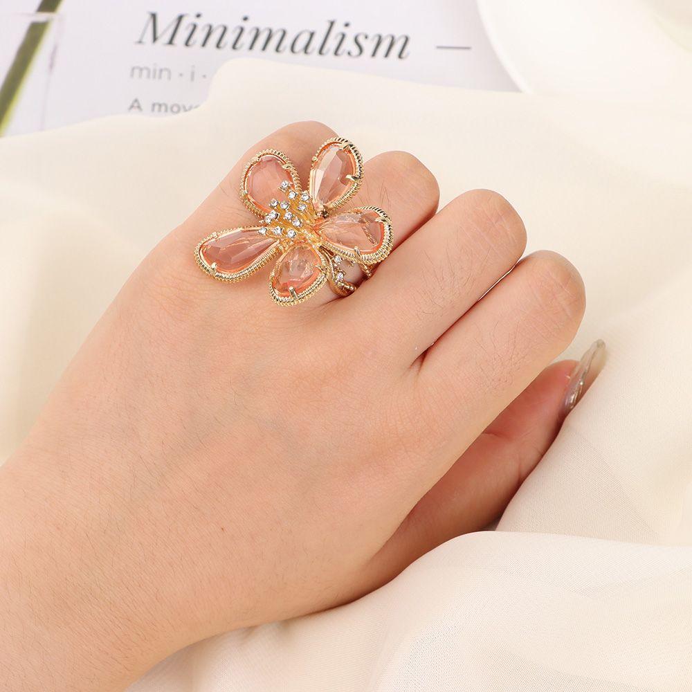 Exaggerated Women Girl Single Fairy Ring Big Flower Crystal Ring Open Adjustable Rhinestone Flower