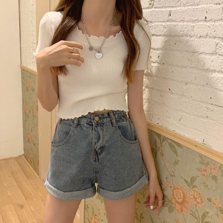 Ice Silk Short Sleeved T-shirt for Women In Summer Slim Fit and Slimming Short Top with Mushroom Edge Design Fashionable and Versatile Knit Shirt