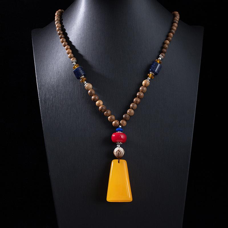 Stile Etnico Retrò Catena Lunga per Maglione Ciondolo in Pietra Bodhi con Diamante Collana con Perline di Legno Ciondolo in Cotone e Lino Tibetano Collana con Perline di Buddha