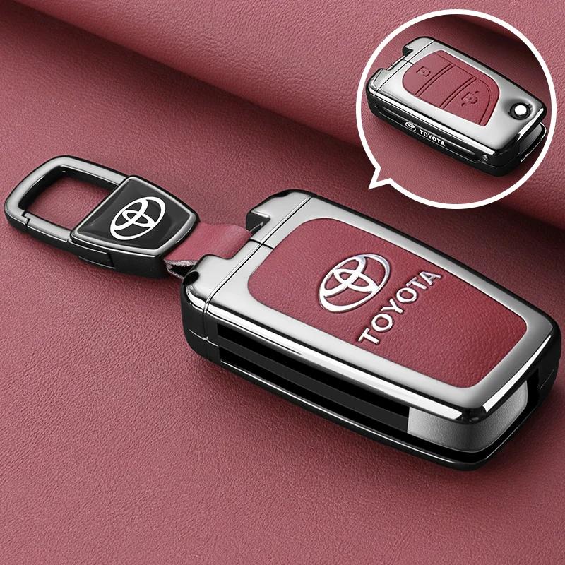 QHJS9 Zinc Alloy Leather Car Key Case Cover Shell for Toyota CHR Hilux Fortuner Land Cruiser 200 Camry Corolla Crown RAV4 Highland