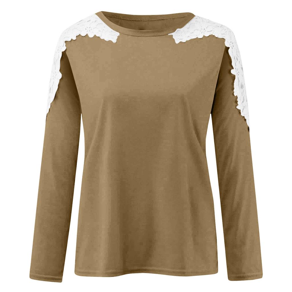 Women's Fashionable Color Patchwork Lace Hollow Out Round Neck Long Sleeved T-Shirt Top