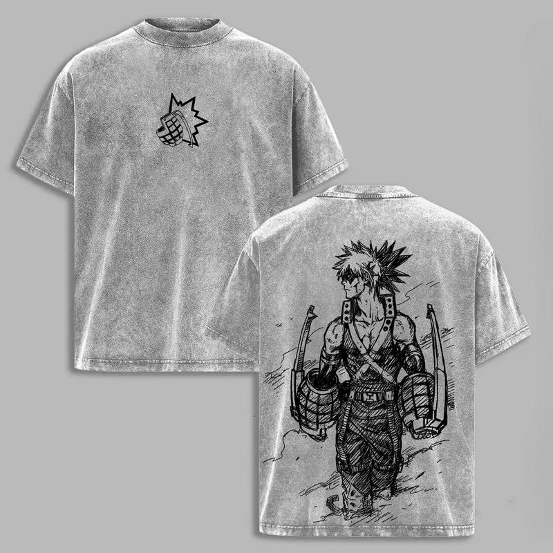New Katsuki Bakugo Graphic T-shirt My Hero Academia Anime Washed Oversized T Shirt Men Women Clothing Cotton Short Sleeve Tees
