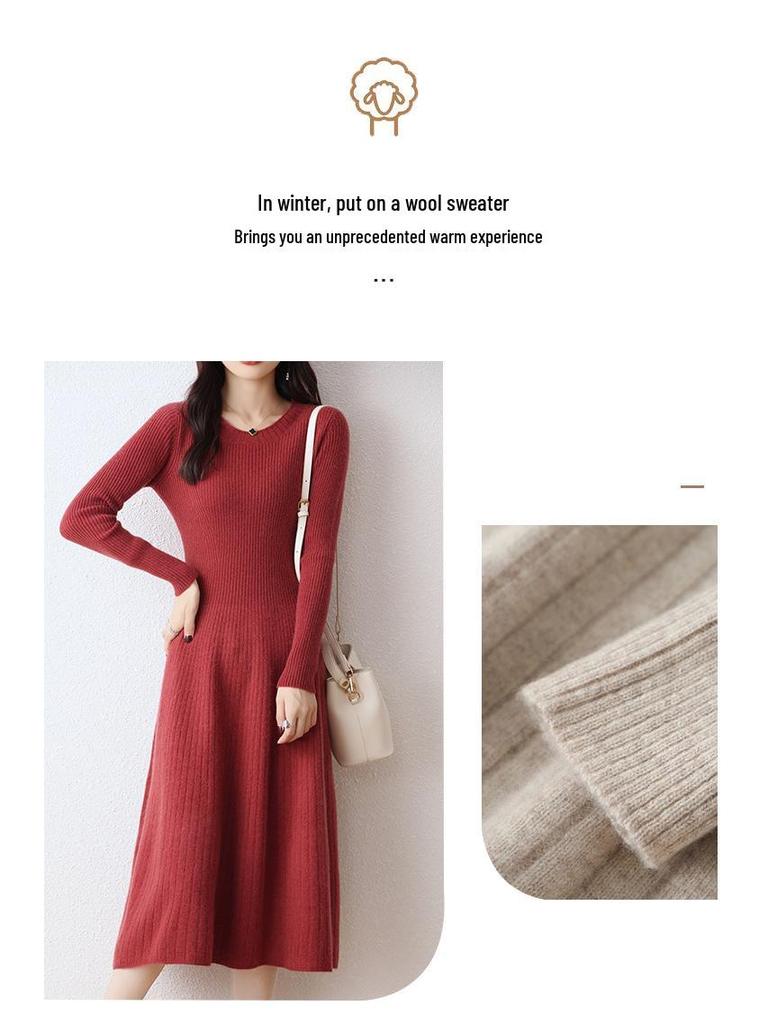 Women's Extra Long Wool Knitted Dress - Round Neck, Slim Fit, Waist-Hugging, Over-the-Knee, Autumn/Winter Style
