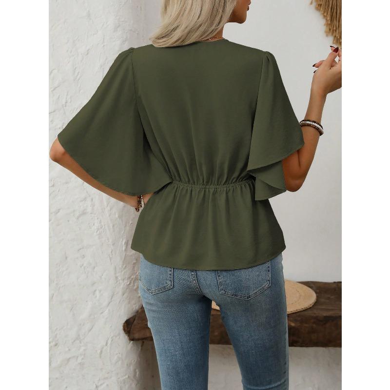 JKASHDK Women's Fashion Casual Summer Spring Solid Color Print Short Sleeve V-Neck Blouses & Shirts