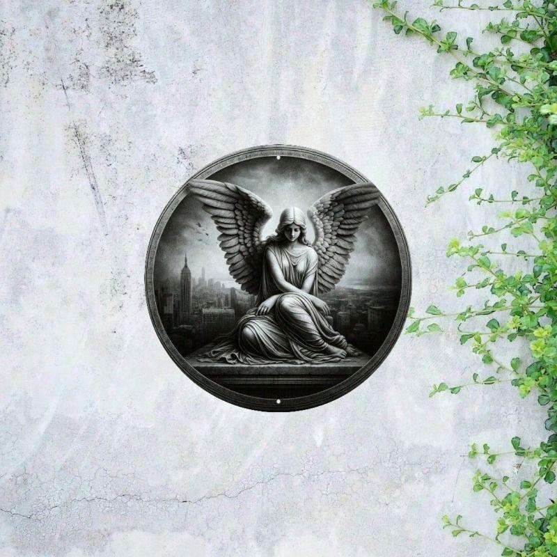 

Vintage Angel Cityscape Metal Poster Round 8x8 inch Wall Art for Living Room