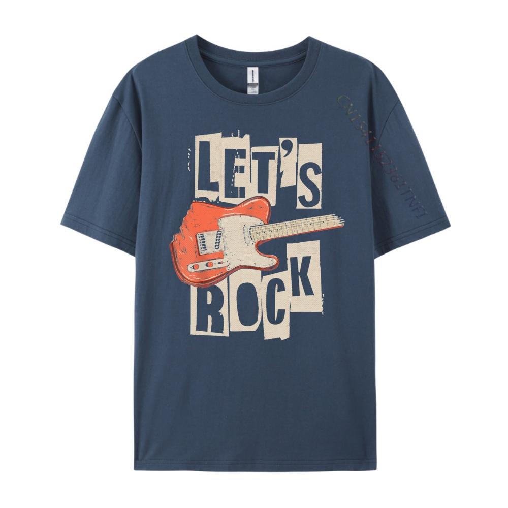

Lets Rock Electric Guitar Music Lover Band Guitarist Retro Blue And White Graphic T Shirts Men Clothing England Style 4XL