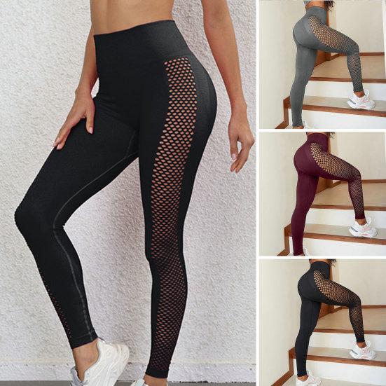 Women Solid Color High Waist Yoga Pants Push Up Hip Lifting Tummy Controlling Side Hollow Mesh Splicing Fitness Leggings