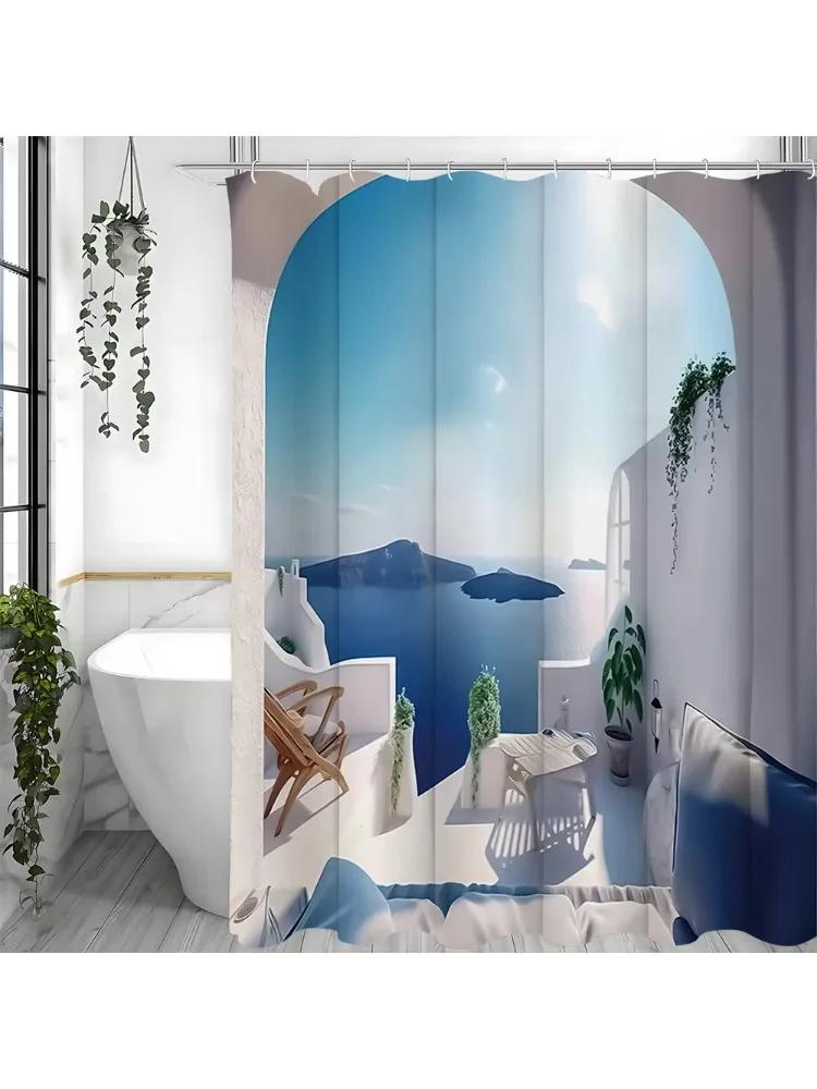 

European City White Stone Palace Shower Curtain, Bathroom Decorative Shower Curtain, Waterproof Shower Curtain With Hooks W60H190(CM)-1 Pcs