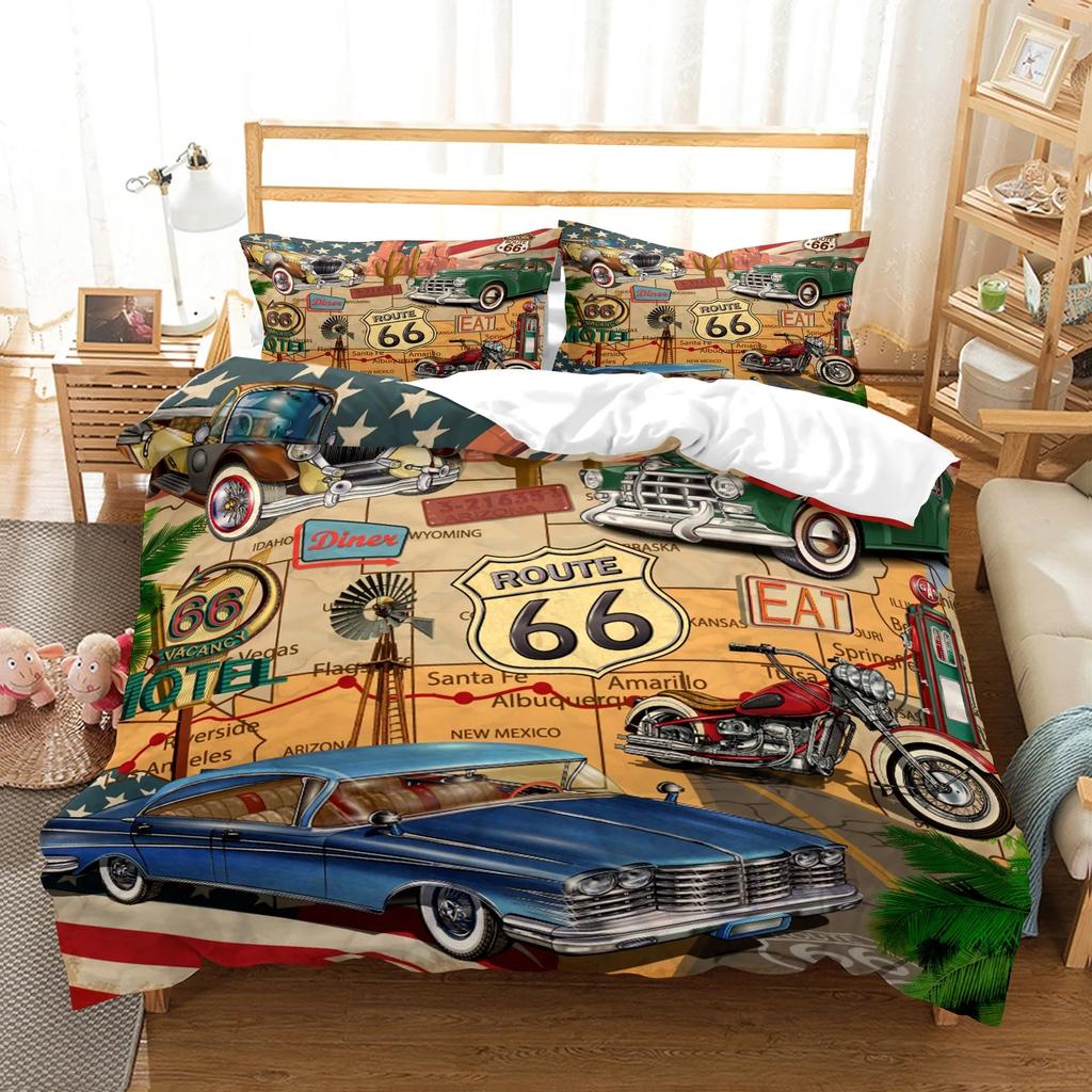 New York Statue Of Liberty Duvet Cover Kingqueen Size Retro Car Nostalgic 50S BeddingVintage Car Polyester Quilt Cover For Men