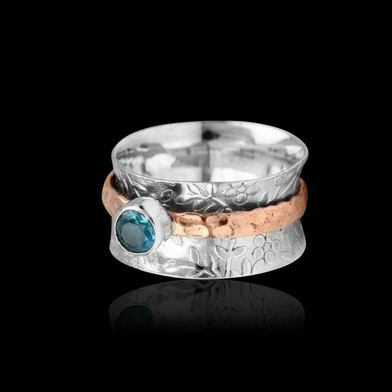 Spinner Ring, Handmade Designer Ring, Blue Topaz Ring Birthstone Jewelry Two Tone Ring, Unisex Ring, Gift For Her, Silver Jewelry