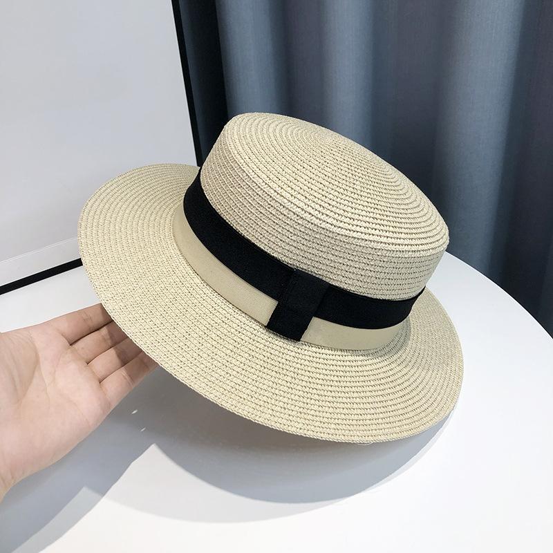 Braided Flat Top Straw Hat - UV Protection, Summer Vacation Style with Letter Logo for Men and Women