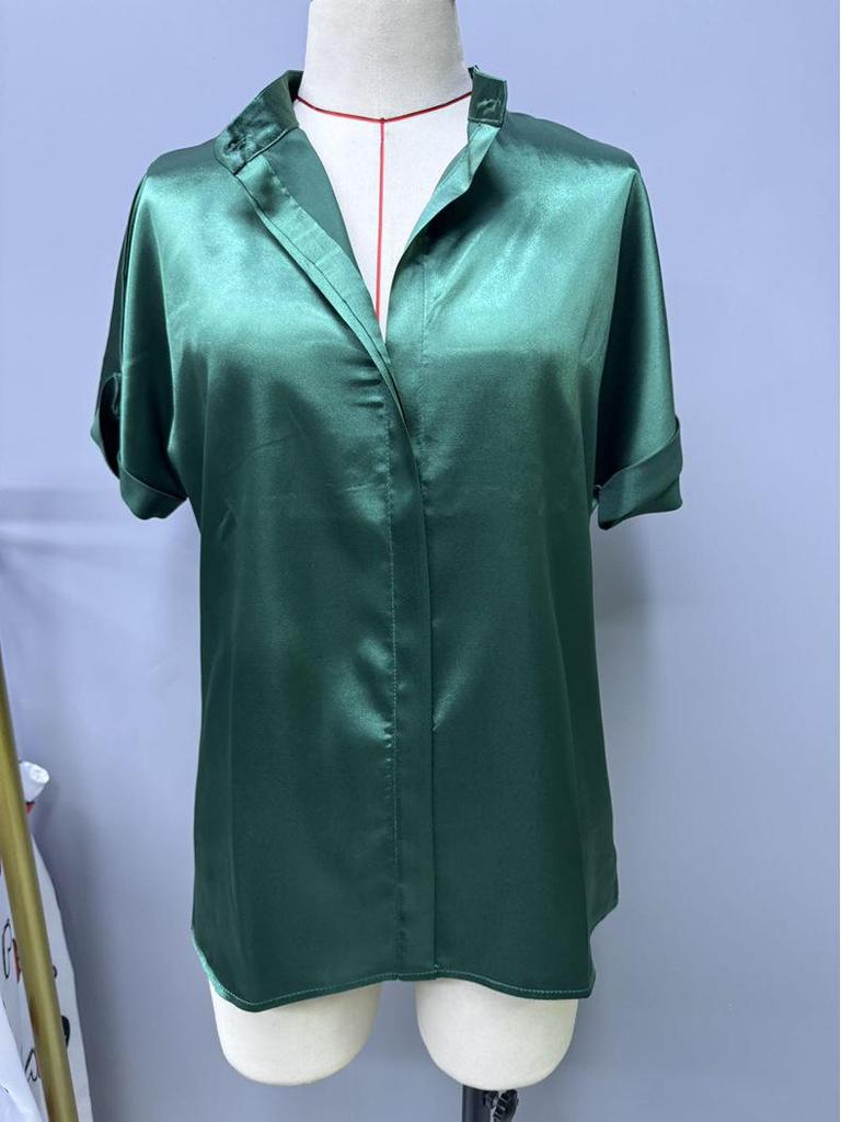 Elegante Satin-Herbstbluse - Europäischer & Amerikanischer Stil, Kurzarm Stehkragen