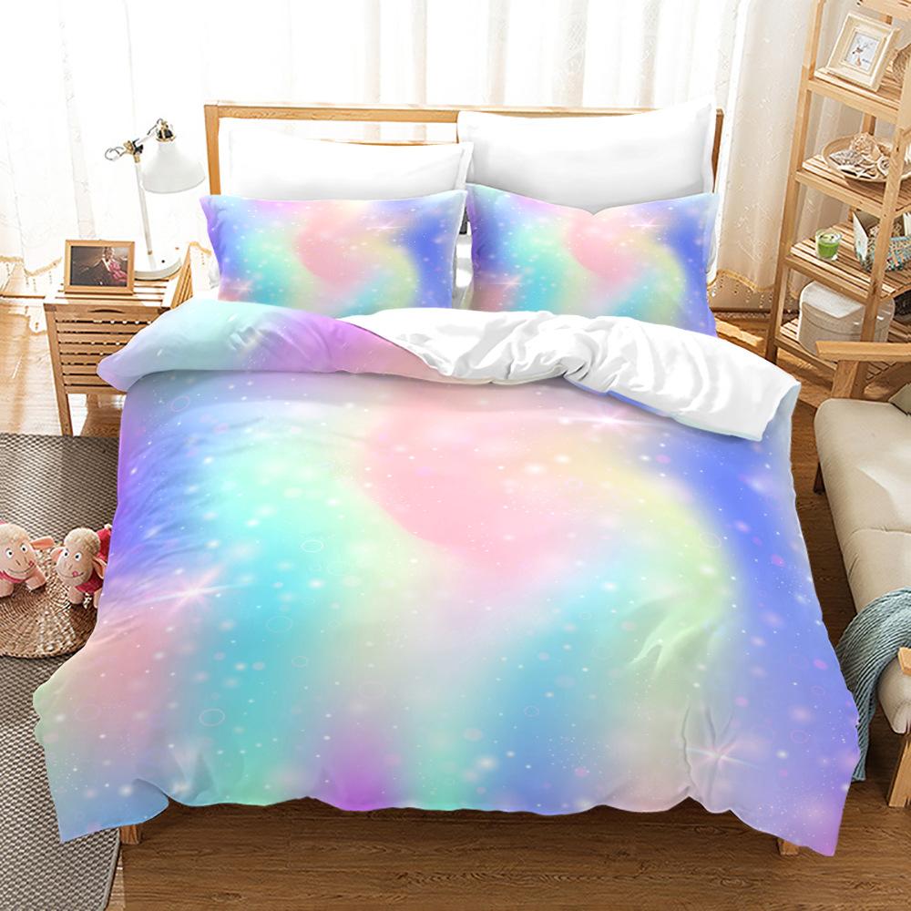 3D-Regenbogen-Bettwäsche-Set, niedlicher Cartoon-Bettbezug, 2/3-teilig, EU135 * 200, volle Größe, Einzel- oder Doppelbett, Mädchenzimmer, weiche Heimtextilien