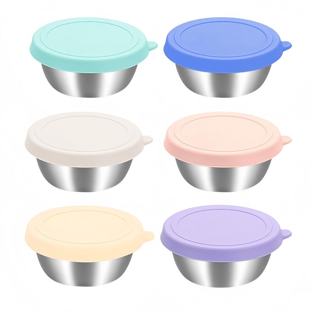 6pcs/set Stainless Steel Snack Container Bowl Salad Dressing Box With Lids 50/70ML For Picnics,barbecues,office Lunches,catering