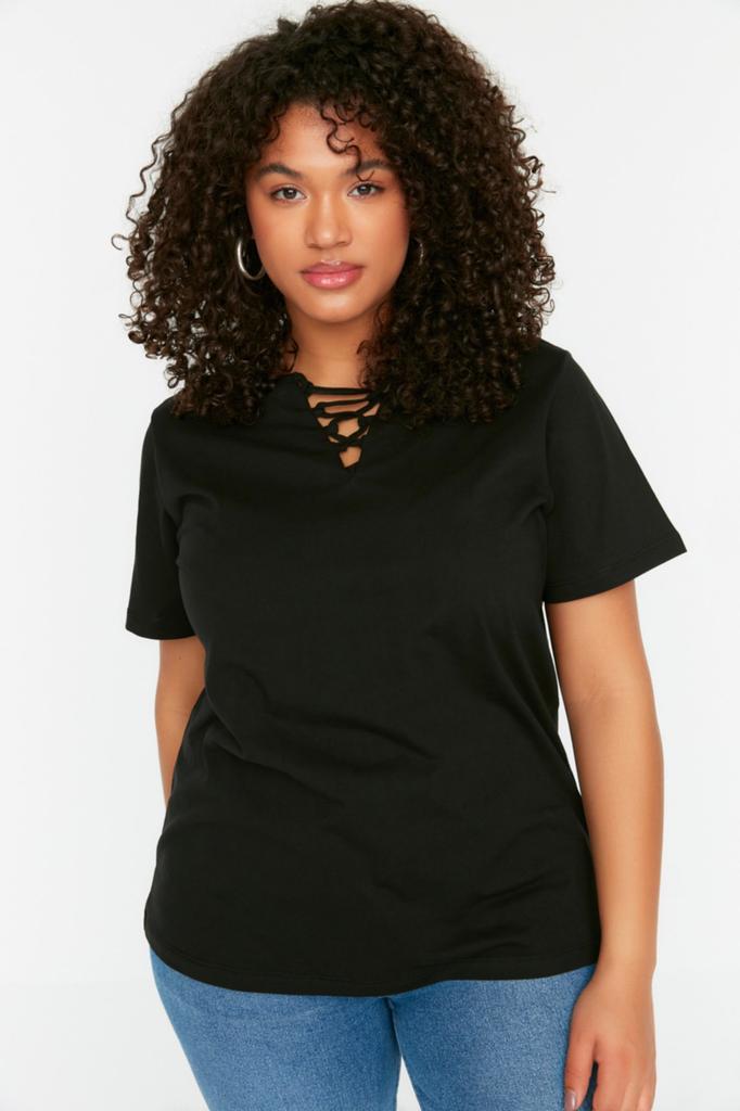 Women's Style Plus Size Pink Collar Detailed Knitted T-Shirt