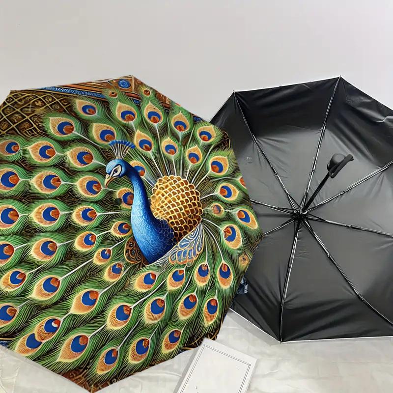 1PC Peacock FeatherAutomatic Open/Close Umbrella with Windproof, 8-Rib Sturdy Canopy, Durable Ribs, Fashionable Design, Outdoor Accessory, Fun Prin, H