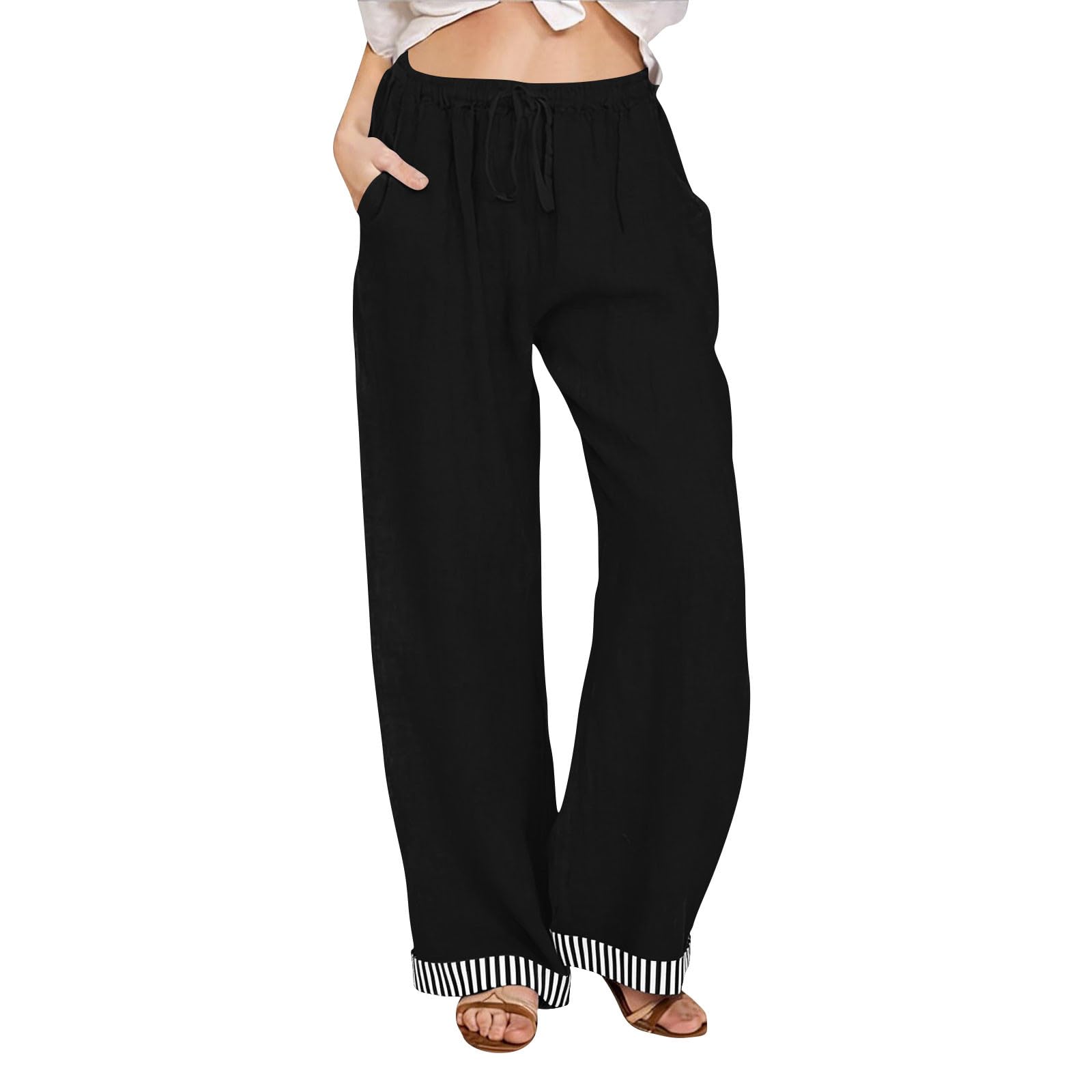 

Women s Fashion Color Stripe Patchwork Elastic Waist Pocket Loose Casual Pants L
