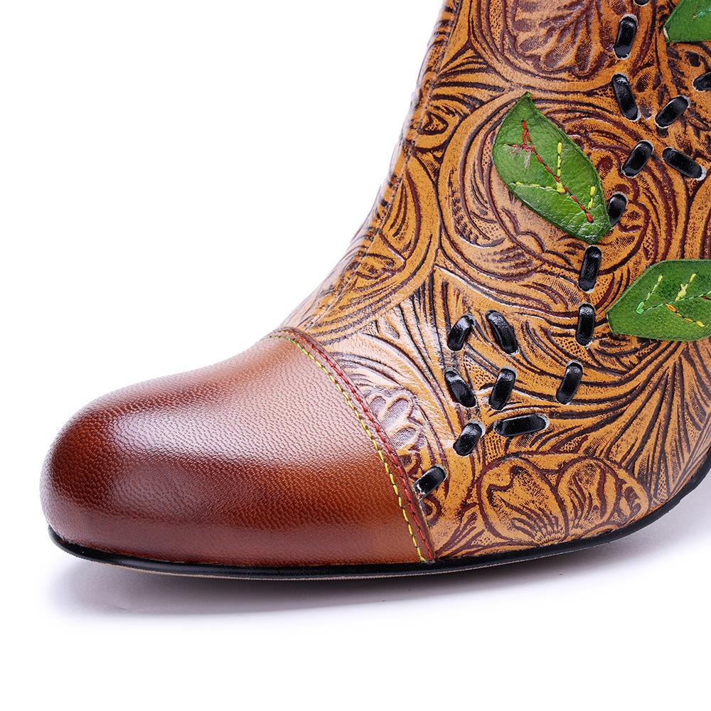 Johnature Genuine Leather Printed High-heeled Short Boots Vintage Flower Thick Heel Side Zipper Women's Boots