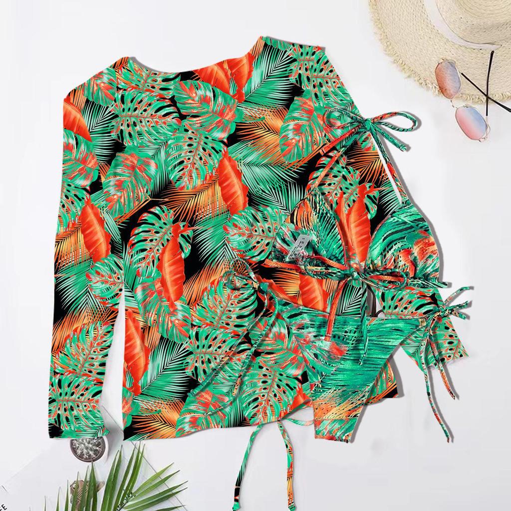 New Print Mesh Sun Protection Three-Piece Bikini Swimwear