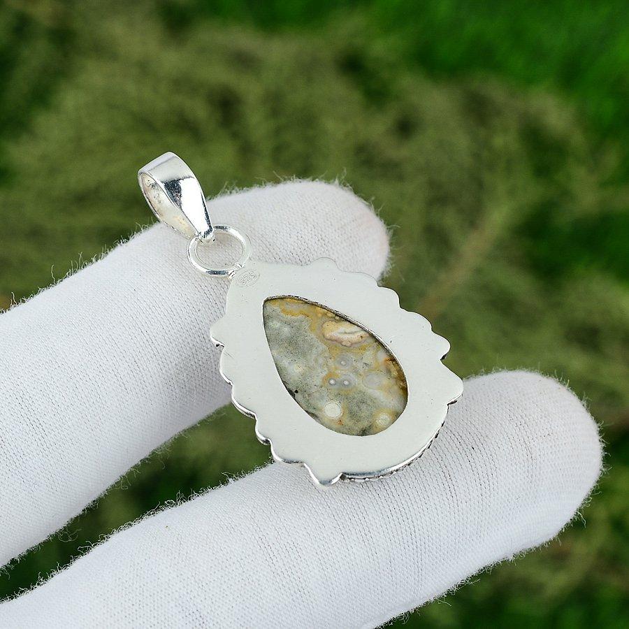 Pear Ocean Jasper Stone Sister Artisan Unique Bezel Pendant 925 Sterling Silver