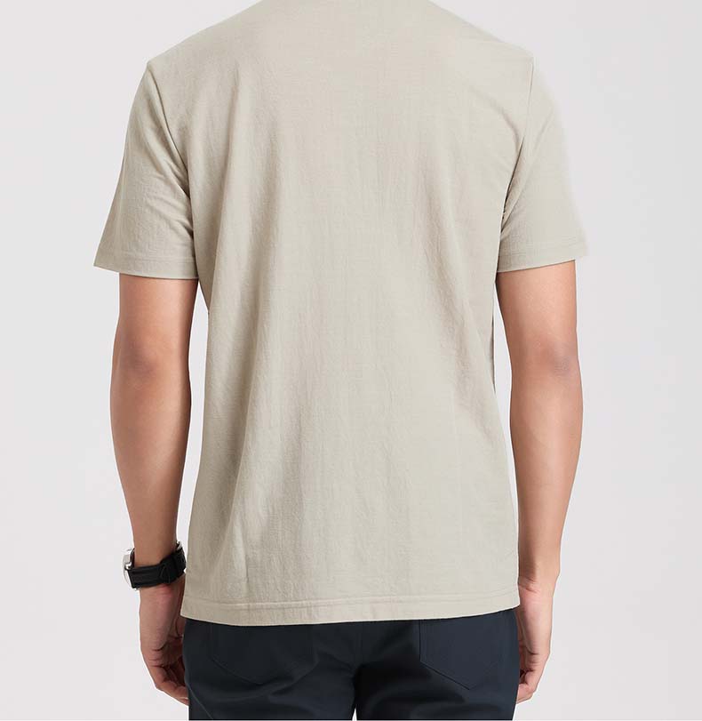 Langdeng Men's Summer Lightweight Breathable Imitation Hemp Henry L Collar Versatile Solid Color T-shirt