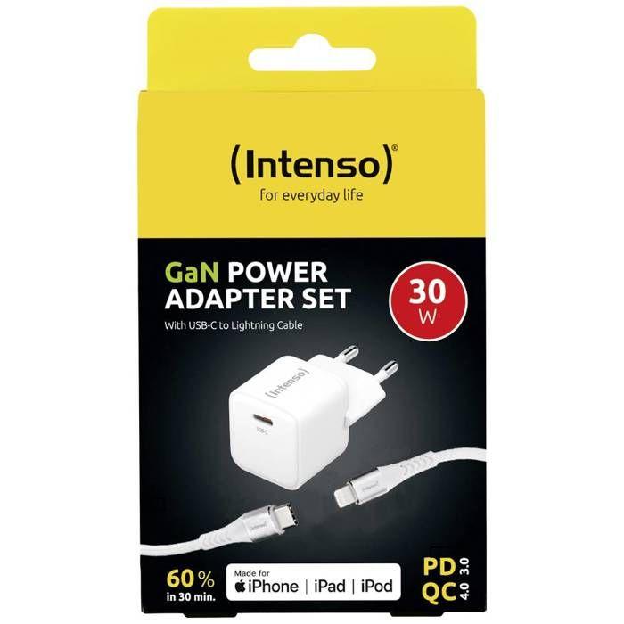 Intenso W30C GaN + C315L Chargeur USB 30 W 1x USB-C®, 1x Apple Lightning blanc intérieure GaN, USB Power Delivery (USB-