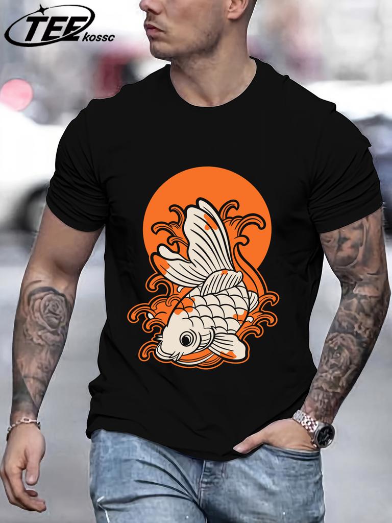 Japanese Harajuku Sunset Koi Men T Shirts Casual Hip Hop Tops Multicolor Cotton TShirt Summer Loose Male Crewneck Short Sleeve
